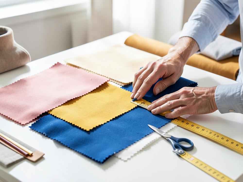 Tapicero trabajando con muestras de telas de colores